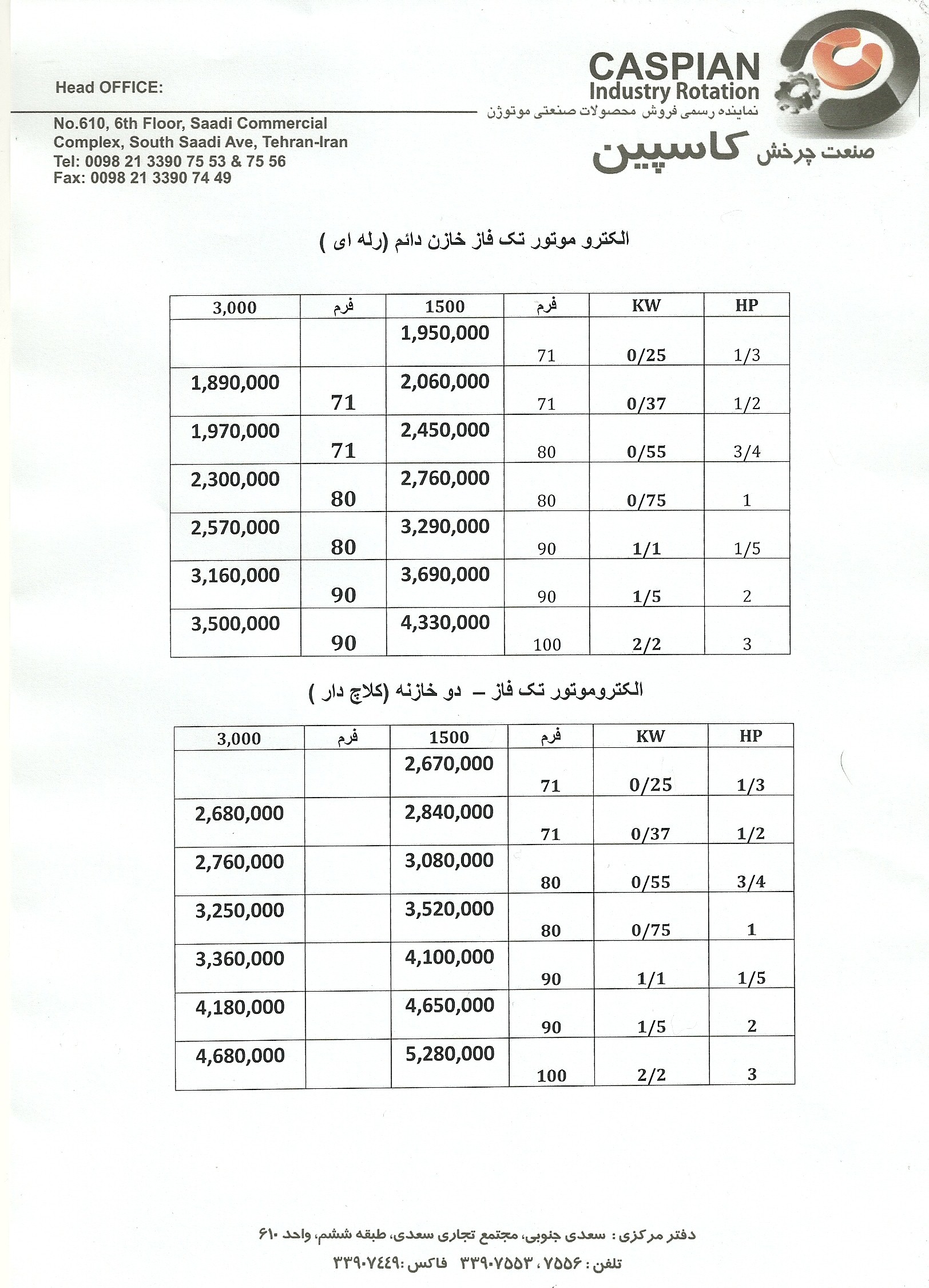 لیست قیمت الکتروموتورهای تک فاز - رله ای کلاجدار - موتوژن