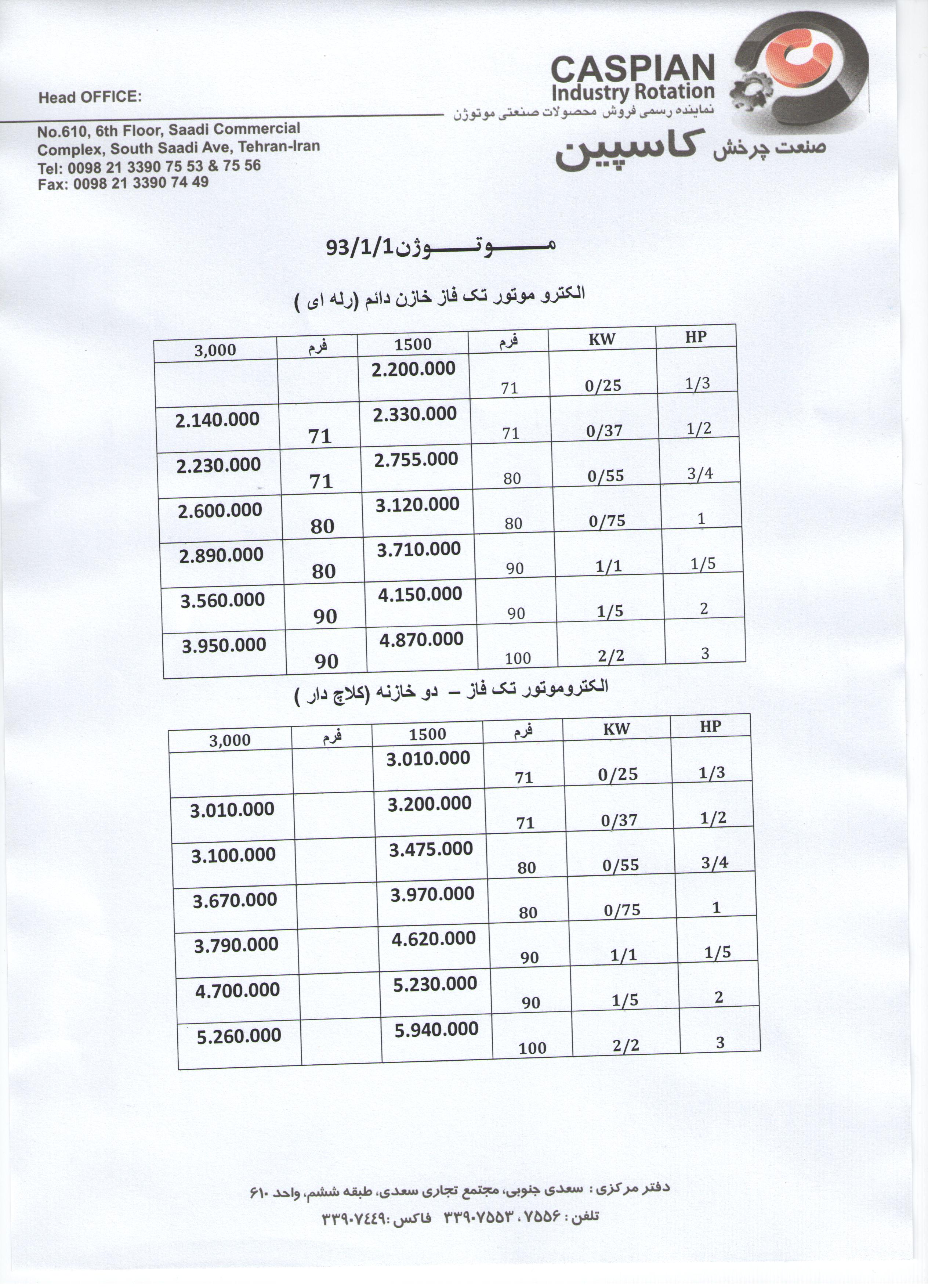 لیست قیمت الکتروموتورهای تک فاز - رله ای کلاجدار - موتوژن در سال 1393