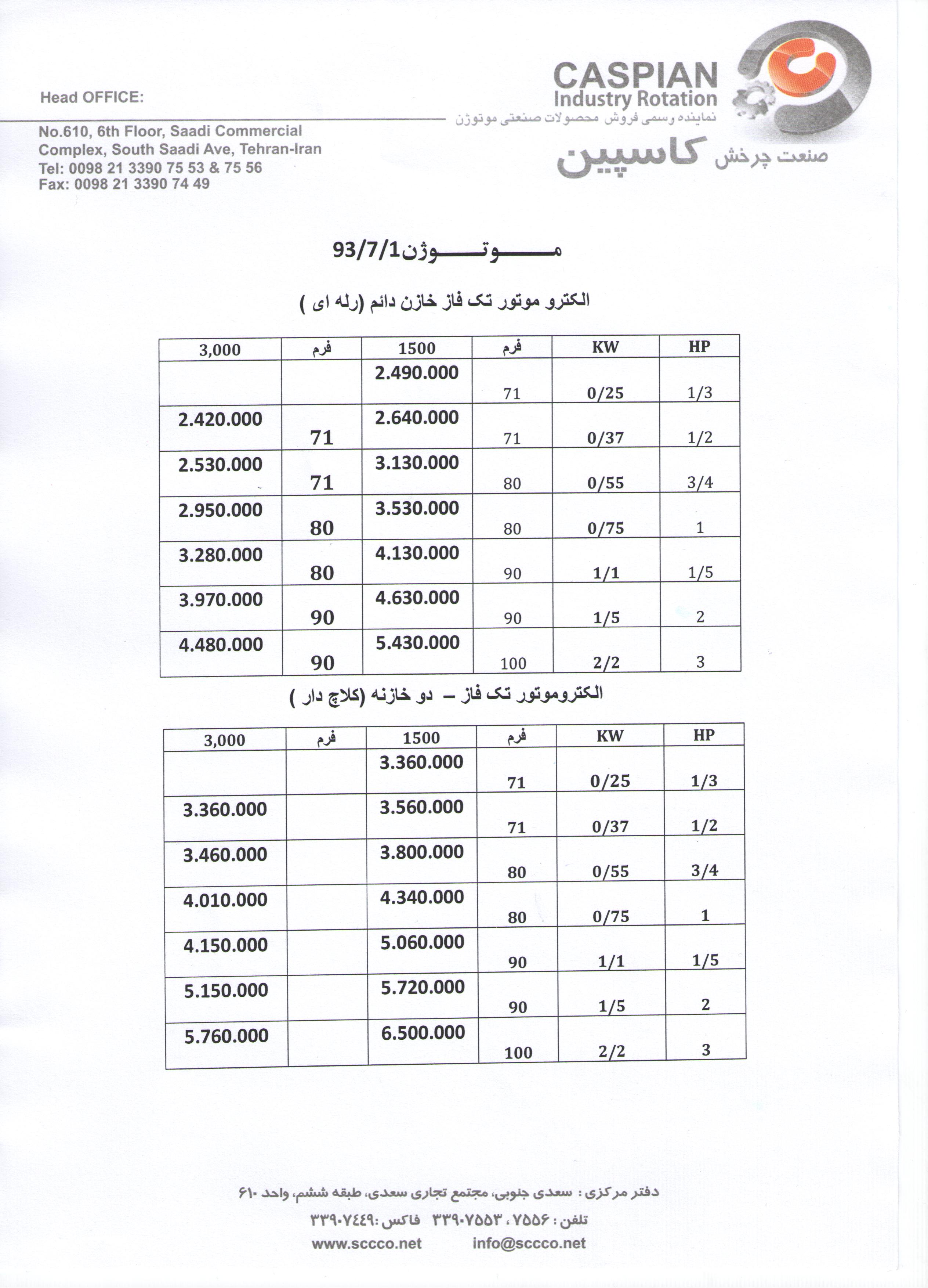 لیست قیمت تکفاز موتوژن شش ماهه دوم 93