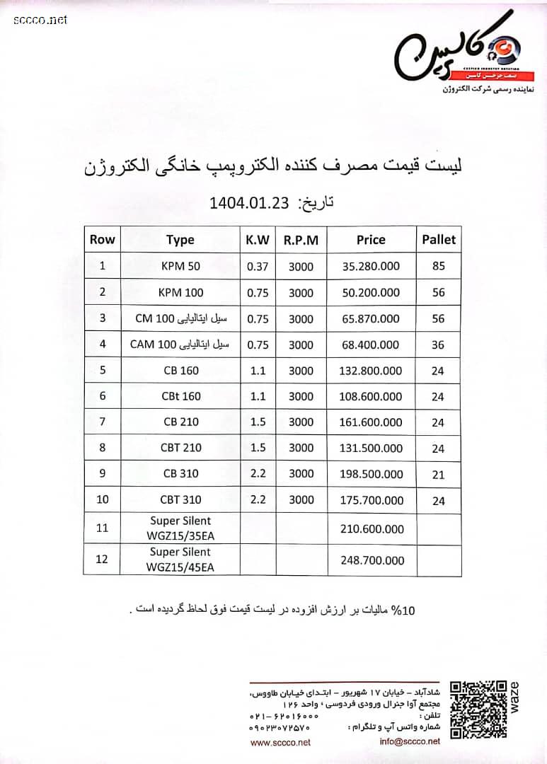 لیست قیمت مصرف کننده الکتروپمپ های خانگی الکتروژن 1404/01/23